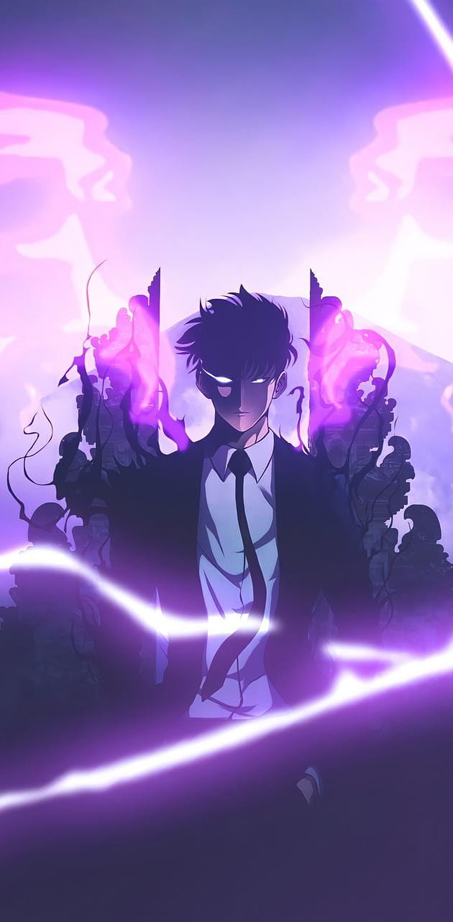 Anime Male Character in Suit with Glowing Purple Energy Aura and Lightning HD phone wallpaper