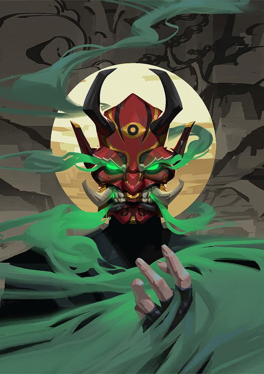Valorant Oni Player Card Artwork with Green Energy and Red Demon Mask HD phone wallpaper