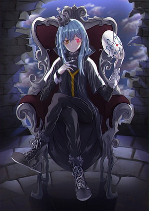 Anime girl with heterochromia sitting on ornate throne holding white mask HD phone wallpaper