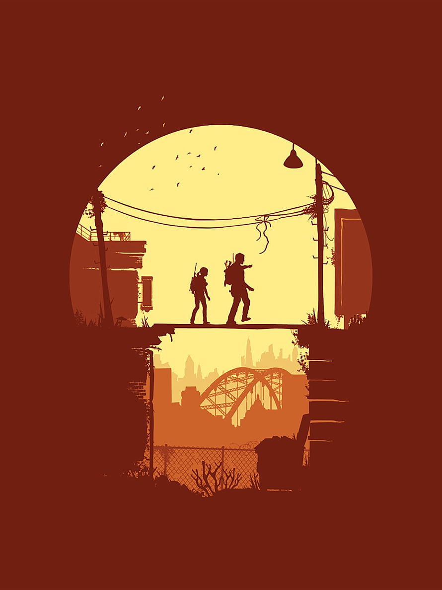 Joel and Ellie Silhouettes in Post-Apocalyptic Cityscape from The Last Of Us HD phone wallpaper