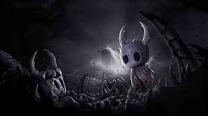 Hollow Knight Hornet Character in Dark Skeletal Landscape with Distant Tower HD wallpaper