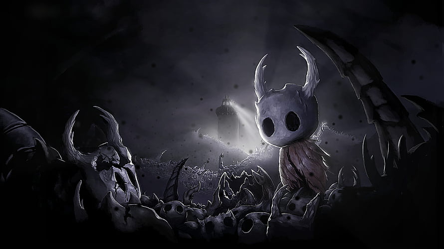 Hollow Knight Hornet Character in Dark Skeletal Landscape with Distant Tower HD wallpaper