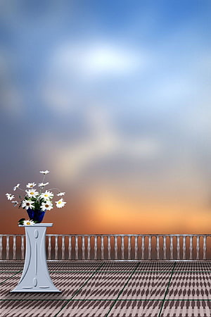 Serene Balcony Scene with White Daisies in Blue Vase Against Sunset Sky HD phone wallpaper