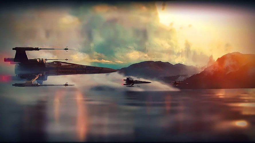 Star Wars X-Wing Starfighters Flying Over Ocean at Sunset HD wallpaper
