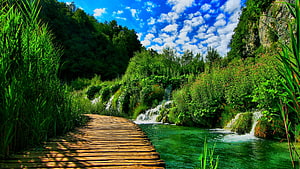 Serene Wooden Boardwalk Path Through Lush Green Waterfalls and Turquoise Lake HD wallpaper