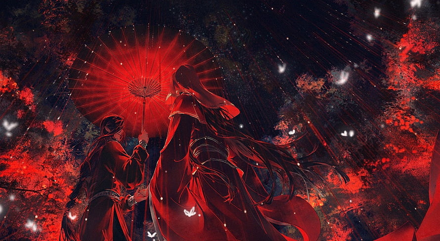 Tian Guan Ci Fu: Two Figures in Red Robes Under a Glowing Umbrella in a Dark Forest HD wallpaper
