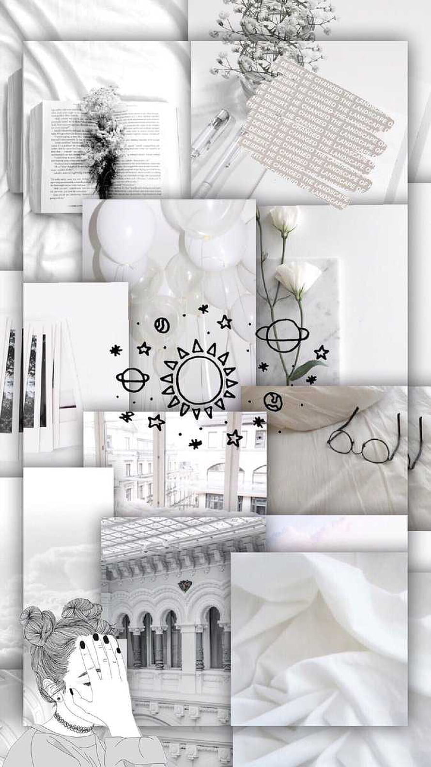 Monochrome White Aesthetic Collage with Celestial Doodles, Flowers, and Architecture HD phone wallpaper