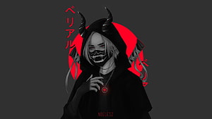 Dark Anime Character in Black Hood and Demon Mask with Red Circle Background HD wallpaper