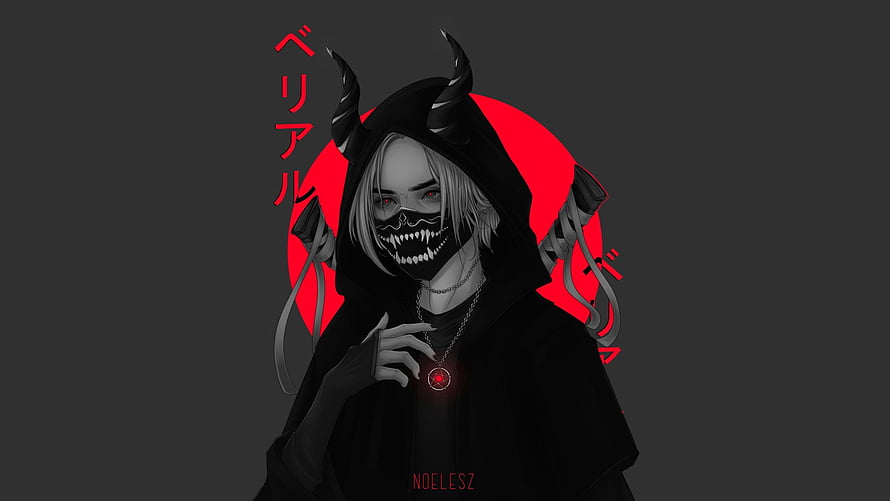 Dark Anime Character in Black Hood and Demon Mask with Red Circle Background HD wallpaper