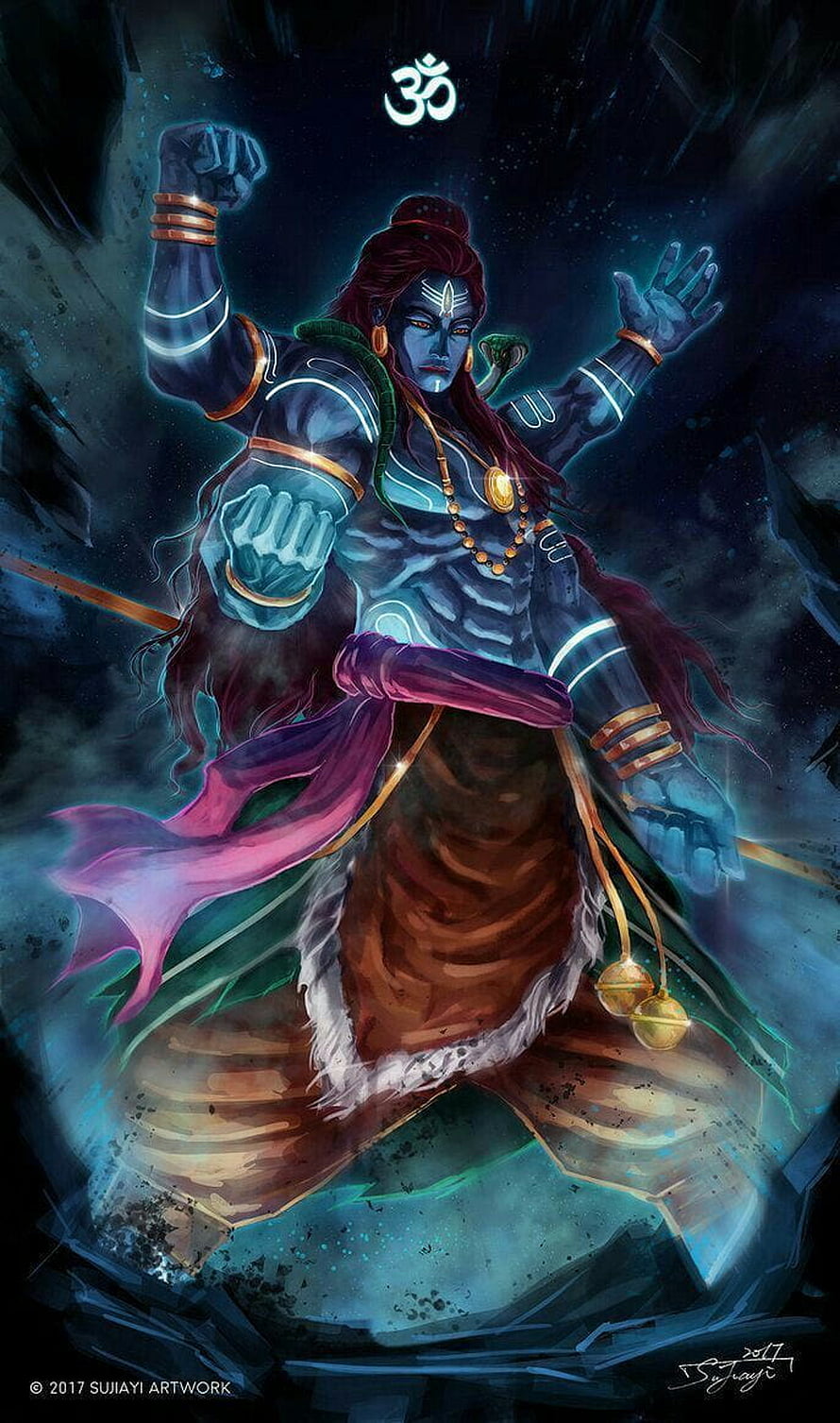 Blue-skinned Hindu deity Shiva in dynamic pose with glowing om symbol, trident, and cosmic energy background HD phone wallpaper