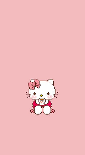 Cute Pixel Art Hello Kitty Sitting with a Cup on a Soft Pink Background HD phone wallpaper