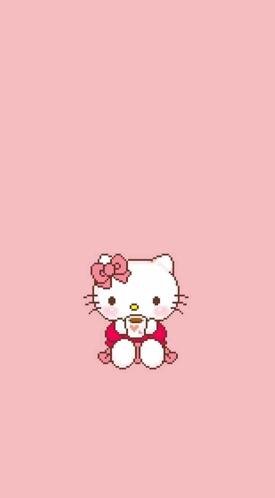 Cute Pixel Art Hello Kitty Sitting with a Cup on a Soft Pink Background HD phone wallpaper