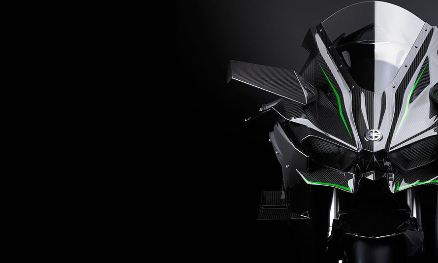 Kawasaki Ninja H2R Carbon Fiber Front Fairing with Green Accents on Black Background HD wallpaper