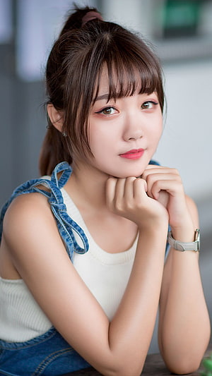 Portrait of a Young Asian Woman in Denim Overalls and White Top, Beautiful Asian Girl posted by Zoey Walker, chinese girl HD phone wallpaper