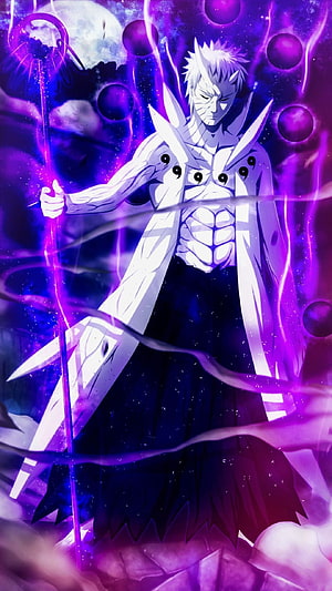 Obito Uchiha in Ten-Tails Jinchuriki Mode with Purple Chakra Aura and Crescent Moon HD phone wallpaper