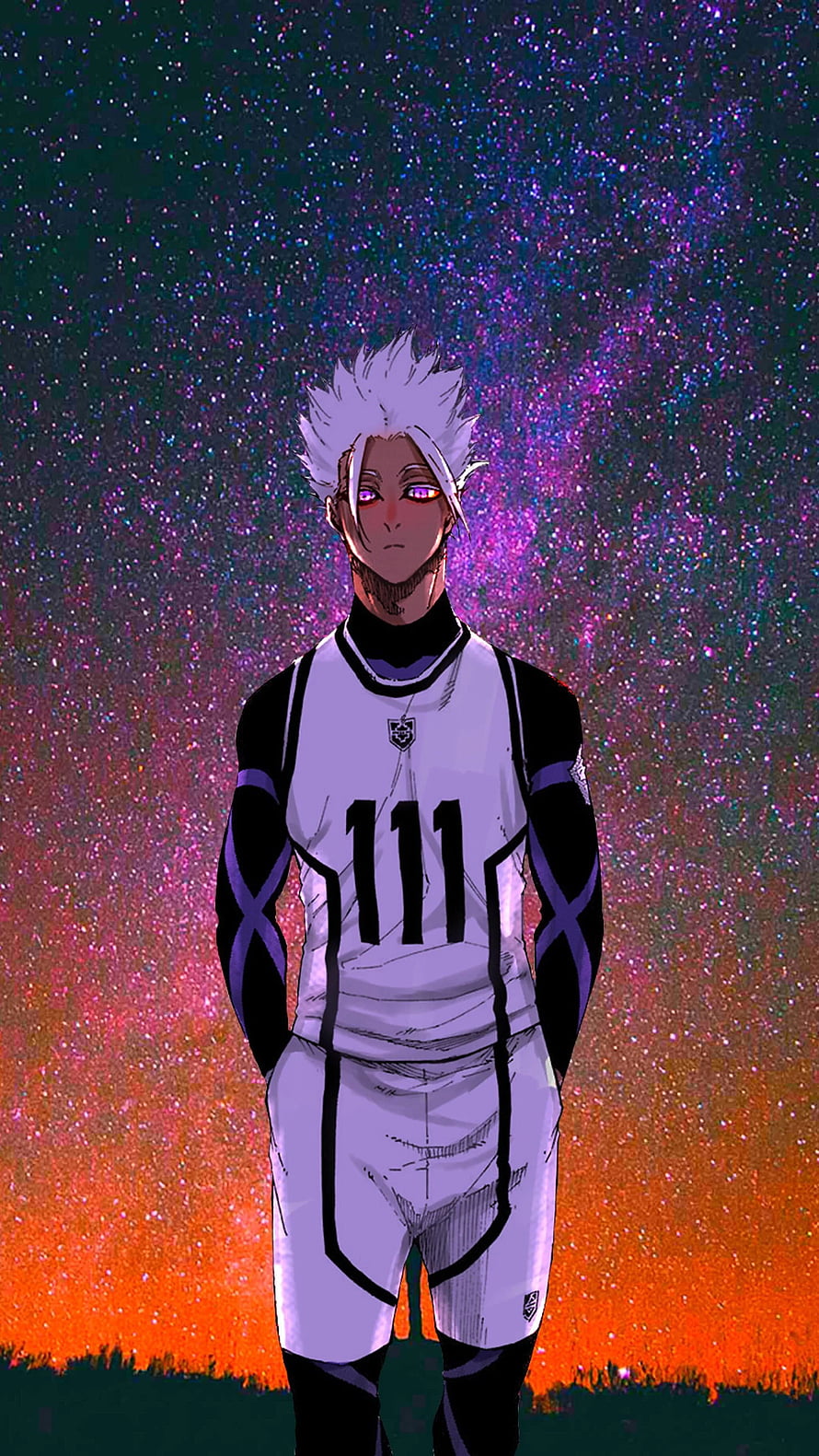 Gojo Satoru from Jujutsu Kaisen in white volleyball uniform with number 111 against a colorful starry sky background HD phone wallpaper