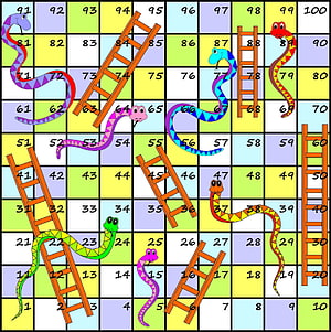 Colorful Snakes and Ladders Board Game Grid with Numbered Squares and Cartoon Characters HD phone wallpaper