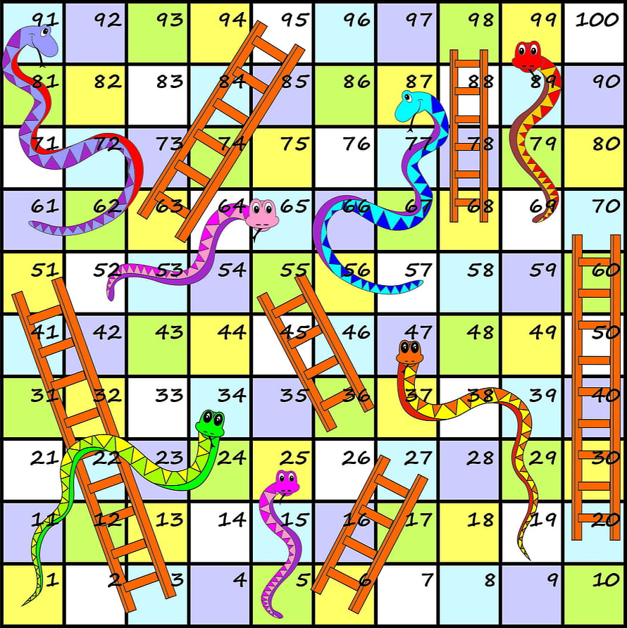 Colorful Snakes and Ladders Board Game Grid with Numbered Squares and Cartoon Characters HD phone wallpaper