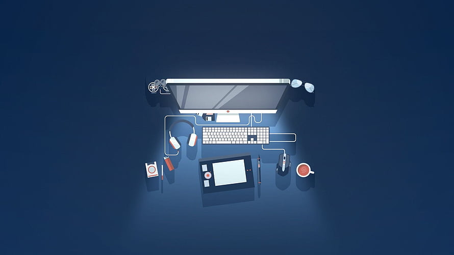 Top View of Digital Workspace with Computer, Graphics Tablet, and Headphones on Blue Background HD wallpaper