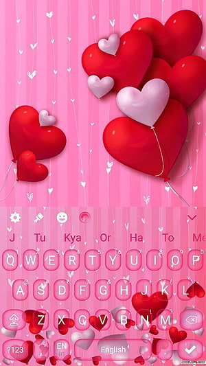 Pink Heart Balloon Keyboard Theme with Glossy Red and White Hearts on Striped Background HD phone wallpaper