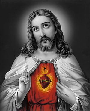 Sacred Heart of Jesus Religious Portrait with Crown of Thorns and Radiant Flame HD phone wallpaper