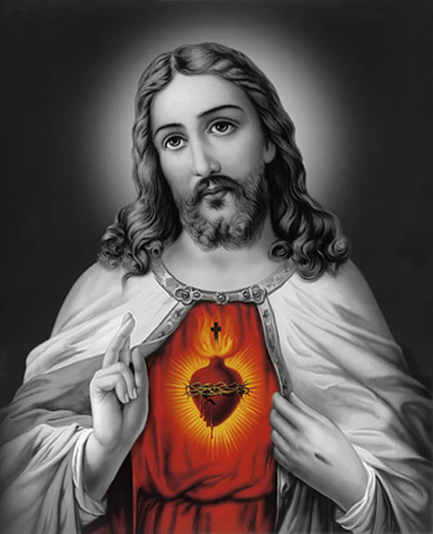 Sacred Heart of Jesus Religious Portrait with Crown of Thorns and Radiant Flame HD phone wallpaper