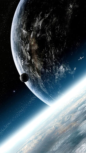 Stunning View of Earth and Moon from Space with Satellite and Starry Background HD phone wallpaper