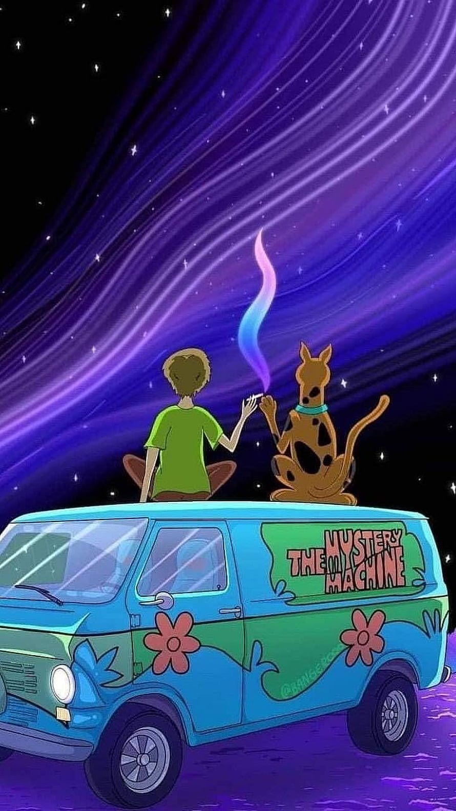 Scooby-Doo and Shaggy on the Mystery Machine Van Under a Cosmic Starry Sky HD phone wallpaper