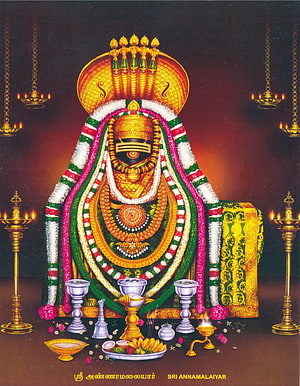 Sri Annamalaiyar Hindu Deity Wallpaper with Floral Garlands and Temple Lamps HD phone wallpaper