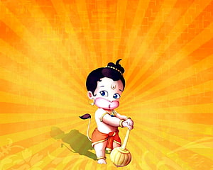 Cute Baby Hanuman Holding Mace on Vibrant Orange Sunburst Background, Bal Hanuman, cartoon hanuman HD wallpaper
