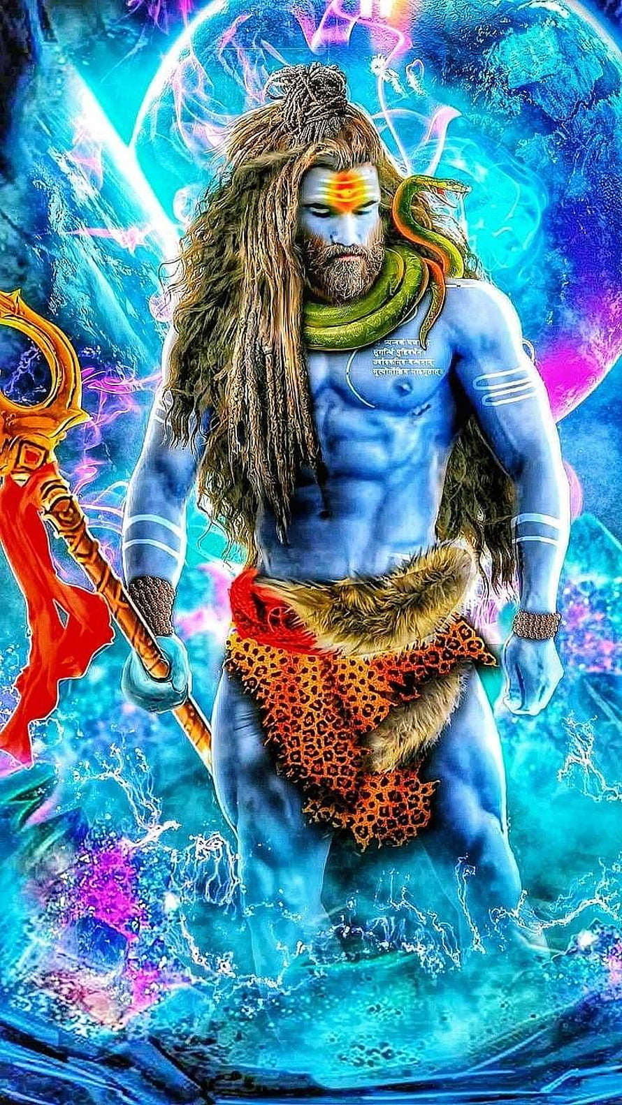 Blue-skinned Hindu deity Shiva with trident, snake, and cosmic background HD phone wallpaper