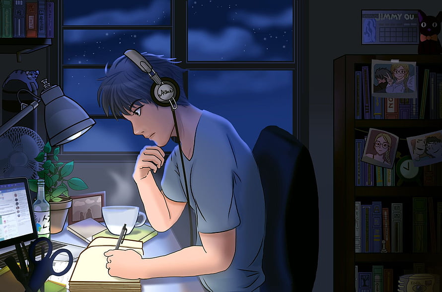 Anime Boy Studying Late At Night With Headphones And Desk Lamp HD wallpaper