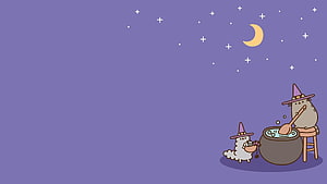 Pusheen and a small dog in witch hats stirring a cauldron under a starry night sky HD wallpaper