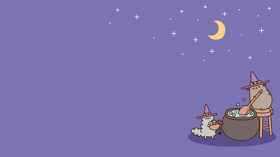 Pusheen and a small dog in witch hats stirring a cauldron under a starry night sky HD wallpaper
