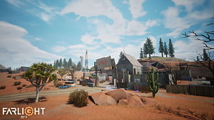 Farlight 84 desert landscape with rocket launch site and rustic buildings HD wallpaper