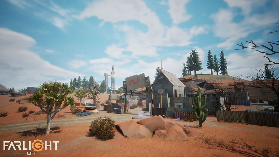 Farlight 84 desert landscape with rocket launch site and rustic buildings HD wallpaper