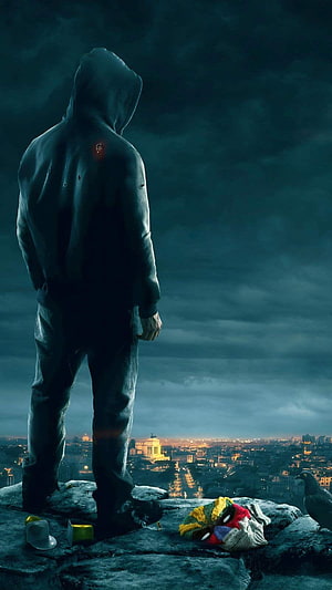Spider-Man Miles Morales Hoodie Back View Over Cityscape Wallpaper, Alone Boy on Dog, lonely cartoon HD phone wallpaper