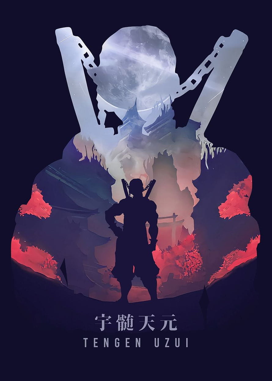Tengen Uzui Demon Slayer Silhouette Poster with Moon and Cherry Blossoms HD phone wallpaper