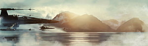 Star Wars X-Wing Starfighters Flying Over Misty Mountain Lake at Sunset HD wallpaper