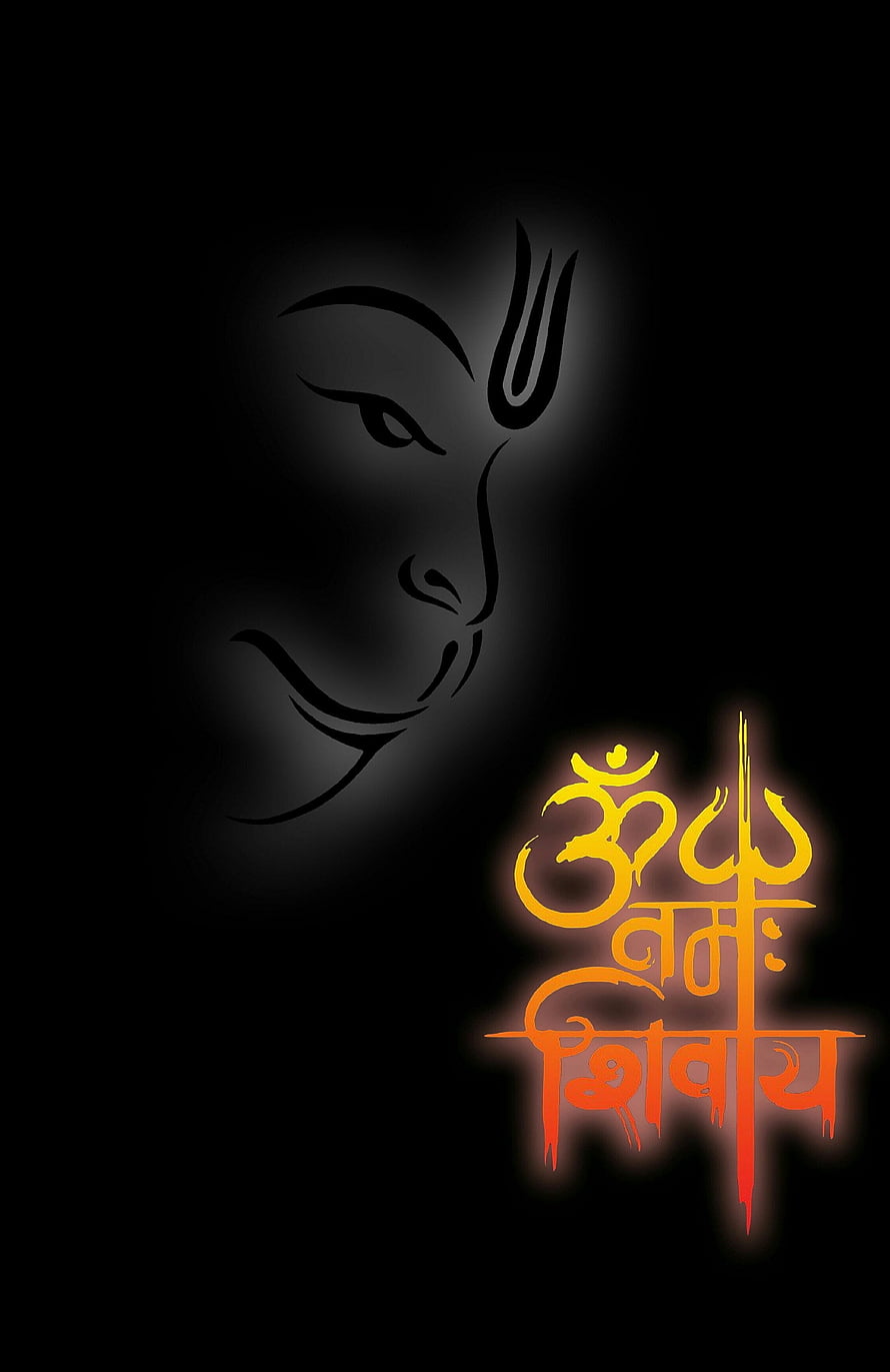 Lord Shiva Minimalist Line Art with Glowing Sanskrit Mantra on Black Background HD phone wallpaper