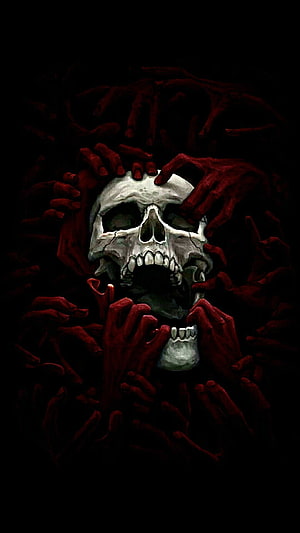 Dark Fantasy Skull Surrounded by Red Hands HD phone wallpaper
