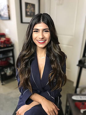 Mia Khalifa in Navy Blue Pajama Set with Long Wavy Hair and Red Lipstick HD phone wallpaper