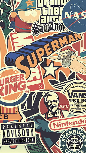 Retro Brand Sticker Collage Featuring KFC, Vans, Nintendo, and South Park Characters HD phone wallpaper