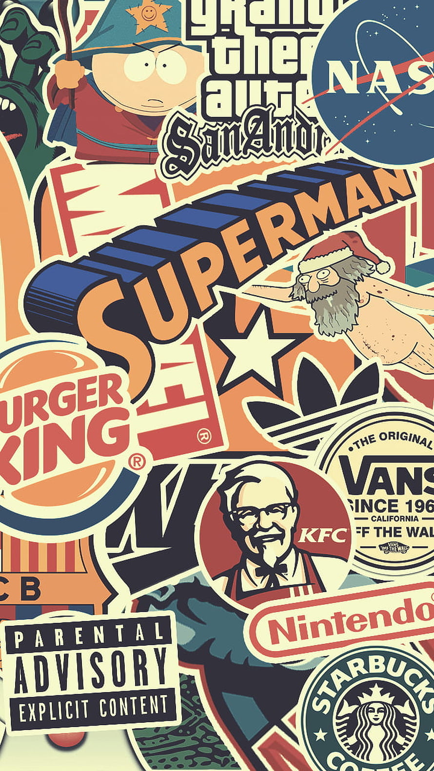 Retro Brand Sticker Collage Featuring KFC, Vans, Nintendo, and South Park Characters HD phone wallpaper