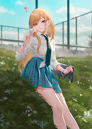 Kitagawa Marin in School Uniform Holding a Flower in a Sunny Outdoor Setting HD phone wallpaper