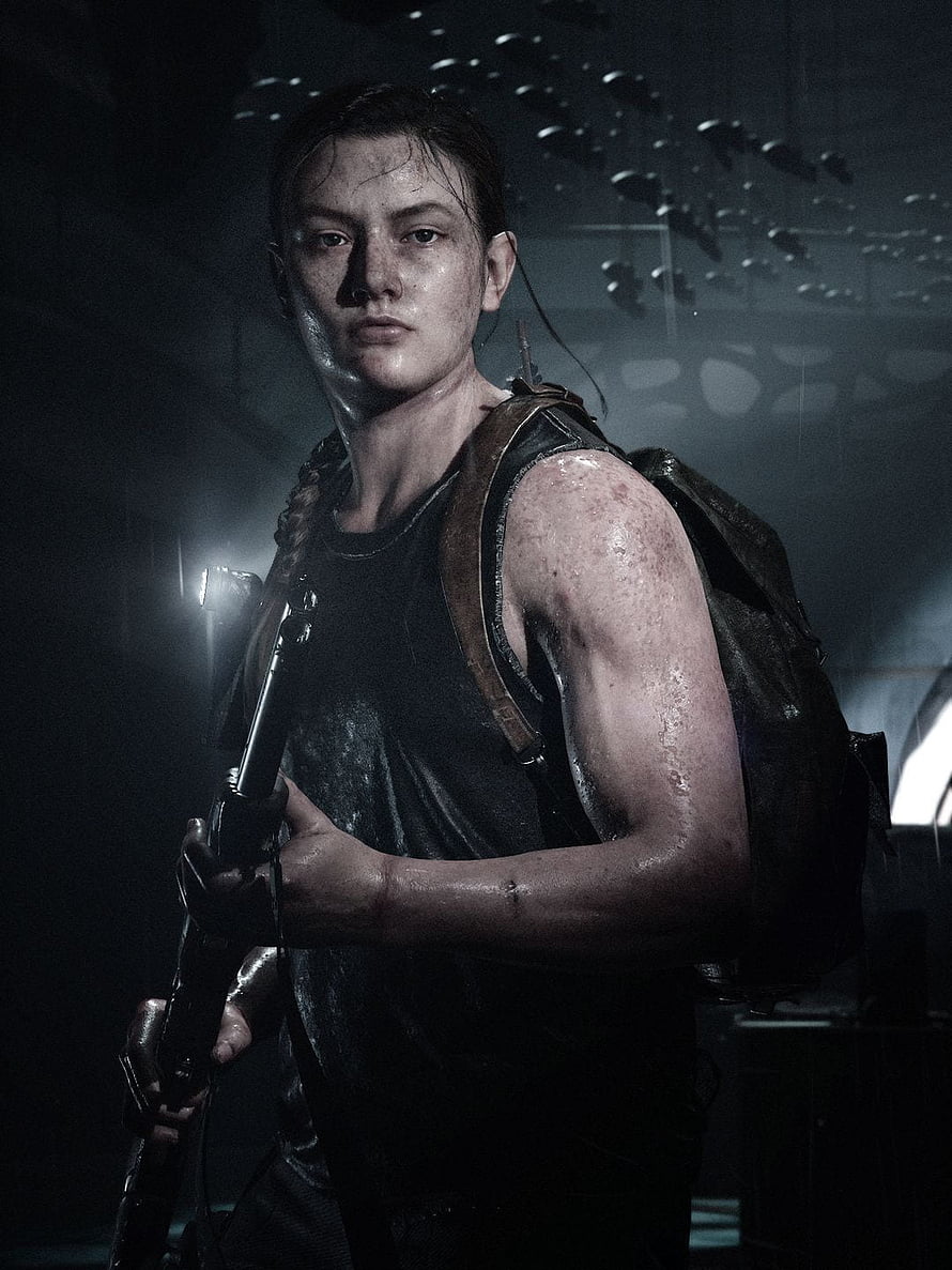 Abby from The Last of Us Part II in a dark industrial setting holding a rifle HD phone wallpaper