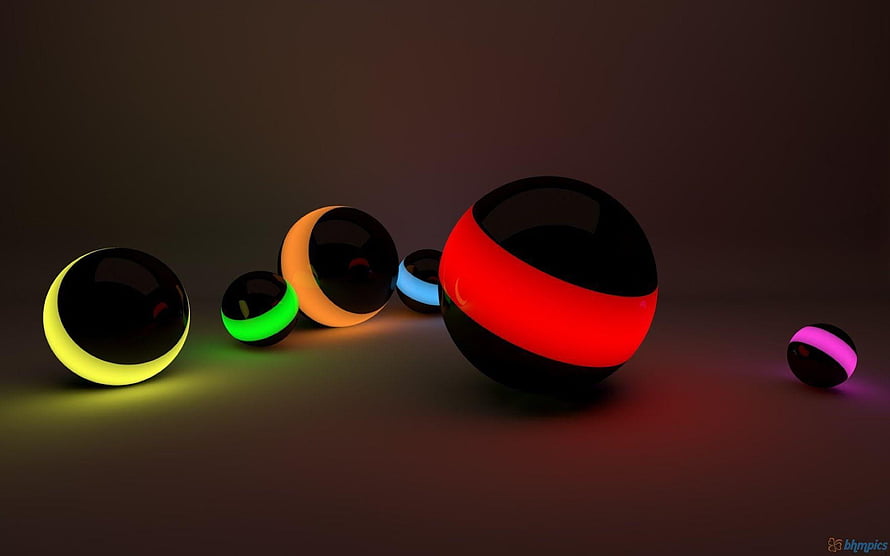 Glossy 3D Spheres with Neon Glowing Bands on Dark Background HD wallpaper