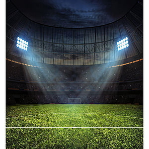 Atmospheric Night Soccer Stadium with Floodlights and Green Pitch HD phone wallpaper