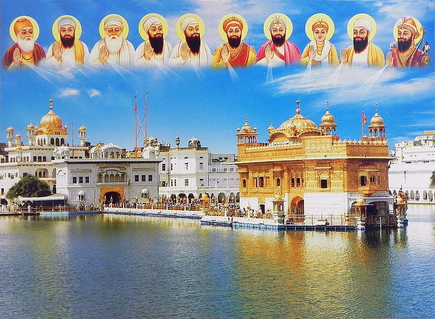 Golden Temple Amritsar with Ten Sikh Gurus in the Sky HD wallpaper