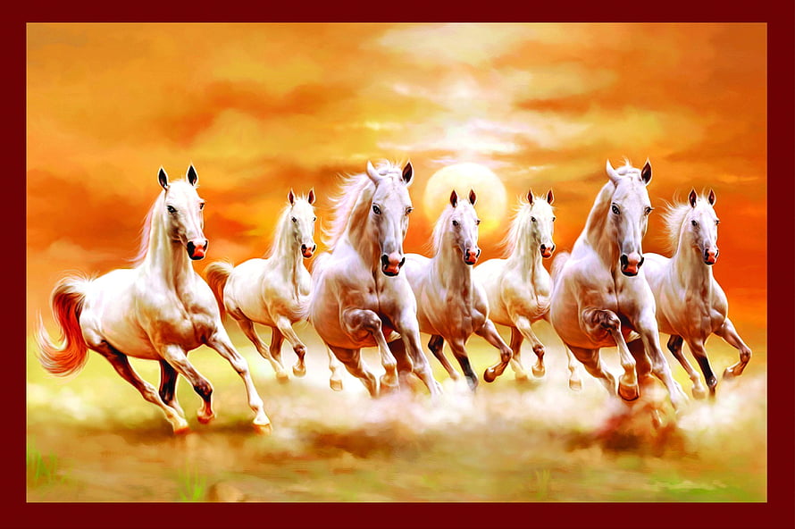 Seven White Horses Galloping Together in a Golden Sunset Landscape HD wallpaper